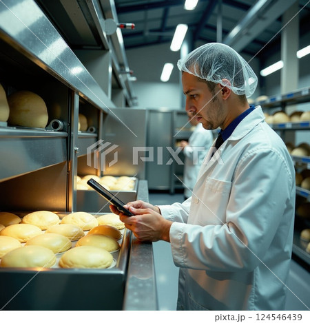 Hispanic young male baker checking bread quality in industrial kitchen 124546439
