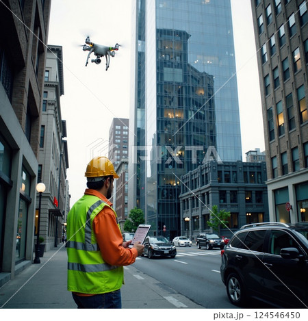 Male adult operating drone in urban cityscape for surveying and inspection 124546450