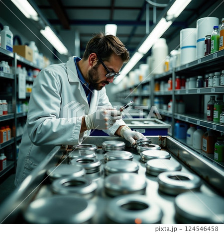 Male caucasian young scientist conducting research in chemical laboratory 124546458