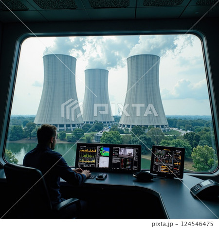 Male engineer monitoring nuclear power plant control room with cooling towers in view Male engineer monitoring nuclear power plant control room with cooling towers in view 124546475