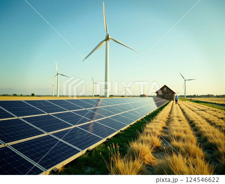 Sustainable energy: solar panels and wind turbines in rural landscape 124546622