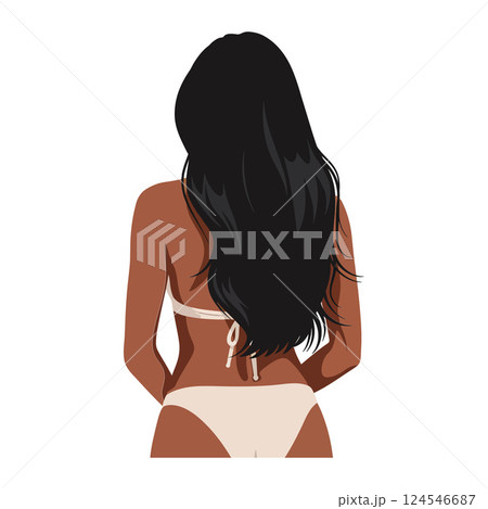 Woman with long black hair wearing a bikini, minimal design, enjoying a sunny beach, vector illustration Woman with long black hair wearing a bikini, minimal design, enjoying a sunny beach, vector illustration 124546687