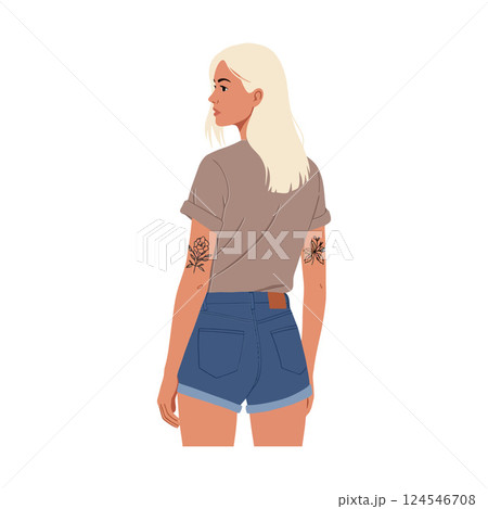 Young woman with shoulder-length blonde hair wearing a grey shirt and denim shorts in a flat vector illustration 124546708