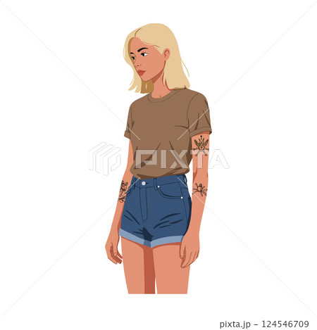 Young woman with blonde hair wearing a brown shirt and denim shorts in minimal vector art Young woman with blonde hair wearing a brown shirt and denim shorts in minimal vector art 124546709
