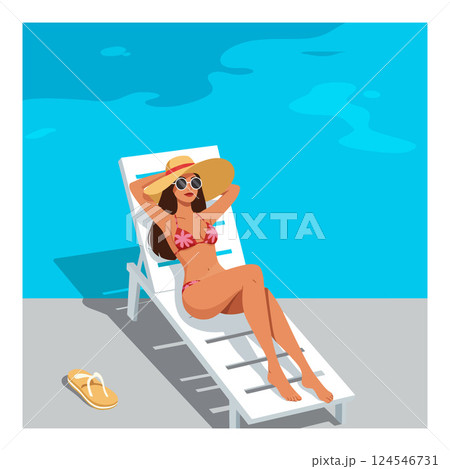 A woman relaxing on a lounge chair by a turquoise pool in flat vector art 124546731