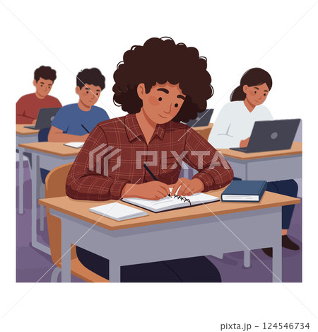 Student in a plaid shirt writing notes in a classroom setting, minimal vector illustration Student in a plaid shirt writing notes in a classroom setting, minimal vector illustration 124546734