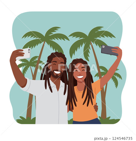 Joyful couple taking a selfie in a tropical setting with palm trees, flat vector illustration Joyful couple taking a selfie in a tropical setting with palm trees, flat vector illustration 124546735