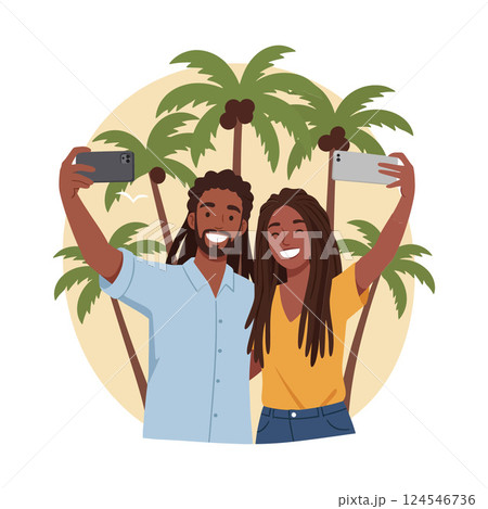 Two cheerful friends taking a selfie in a tropical setting with palm trees in flat vector art 124546736