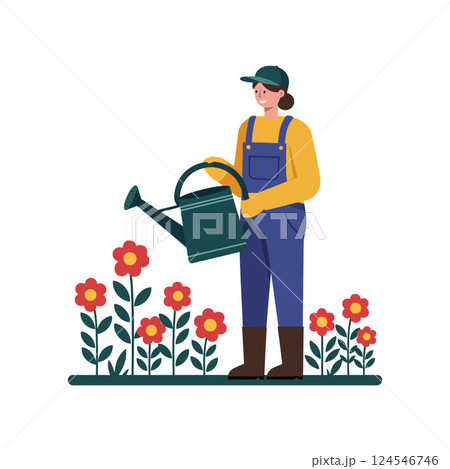 Gardener with a watering can nurturing vibrant flowers in a colorful flat vector illustration Gardener with a watering can nurturing vibrant flowers in a colorful flat vector illustration 124546746