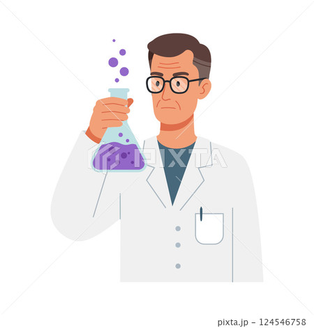 Scientist in a lab coat examining a purple liquid in a beaker, flat vector art 124546758