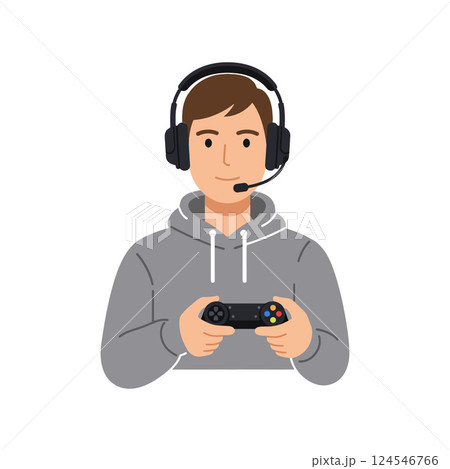 Young gamer wearing headphones and a grey hoodie holding a game controller in minimal vector illustration Young gamer wearing headphones and a grey hoodie holding a game controller in minimal vector illustration 124546766