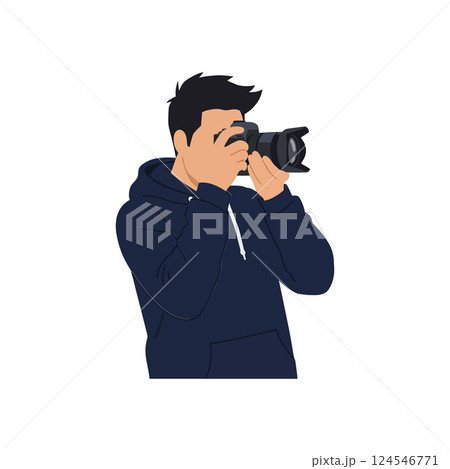 Photographer in navy hoodie capturing moments with camera in flat vector illustration Photographer in navy hoodie capturing moments with camera in flat vector illustration 124546771