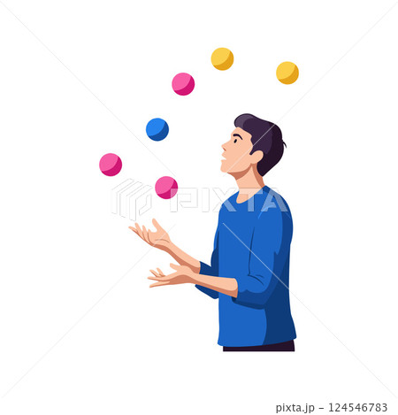 A young man skillfully juggling colorful balls in a flat, minimal design vector illustration A young man skillfully juggling colorful balls in a flat, minimal design vector illustration 124546783