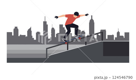A skateboarder performing tricks on a rail in a city skyline flat vector illustration 124546790
