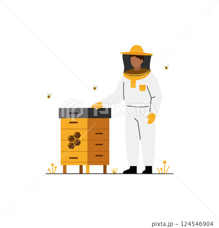 Beekeeper in protective suit tending to a hive surrounded by buzzing bees in flat vector art 124546904