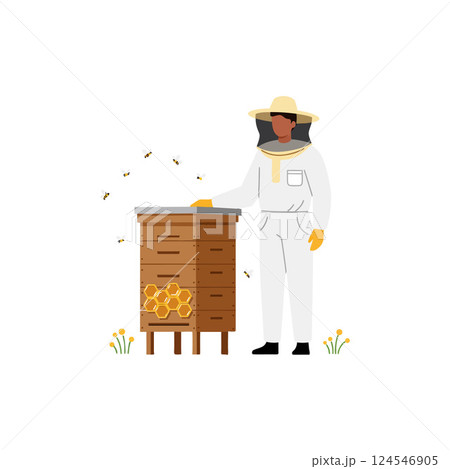 Beekeeper in protective gear tending to a beehive with bees flying around in flat vector art 124546905