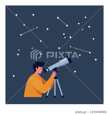 A man observing stars through a telescope in a dark sky, flat vector art A man observing stars through a telescope in a dark sky, flat vector art 124546908