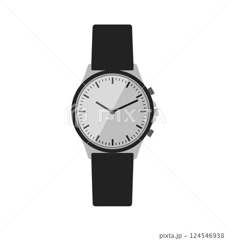 Sleek black strap wristwatch with minimalist design showcasing precision timekeeping in flat vector art 124546938