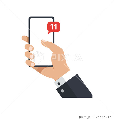 A hand holding a smartphone displaying notification alerts in a flat vector illustration style 124546947