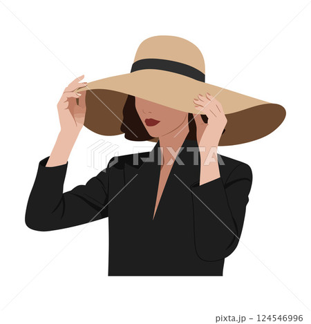 Elegant woman adjusting large sun hat in minimal style vector illustration 124546996