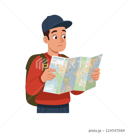 Young traveler with a backpack studying a map in a flat vector illustration Young traveler with a backpack studying a map in a flat vector illustration 124547084