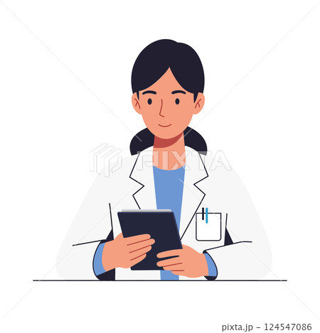 Medical professional in a white coat using a tablet, flat vector illustration depicting healthcare and technology 124547086