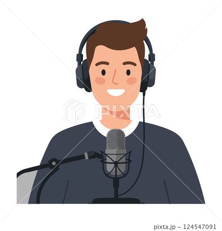 Young man with brown hair wearing headphones smiling while speaking into a microphone in flat vector art 124547091