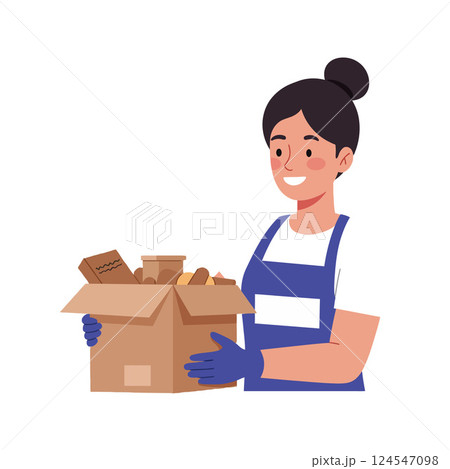 Person smiling while holding a cardboard box filled with items in a minimal flat design vector illustration 124547098