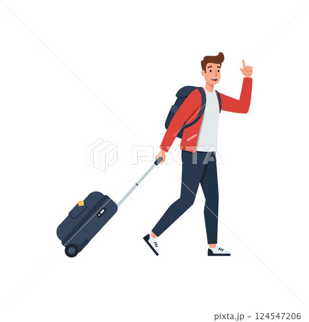 Young man with a suitcase in a red jacket walking cheerfully, minimal vector illustration Young man with a suitcase in a red jacket walking cheerfully, minimal vector illustration 124547206