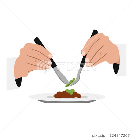 Two hands delicately plating gourmet food in a minimalistic style, showcasing culinary art in vector illustration 124547207