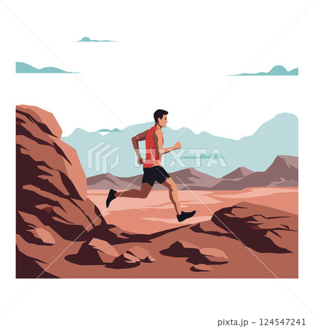 A man running energetically across rocky terrain in a flat vector illustration A man running energetically across rocky terrain in a flat vector illustration 124547241