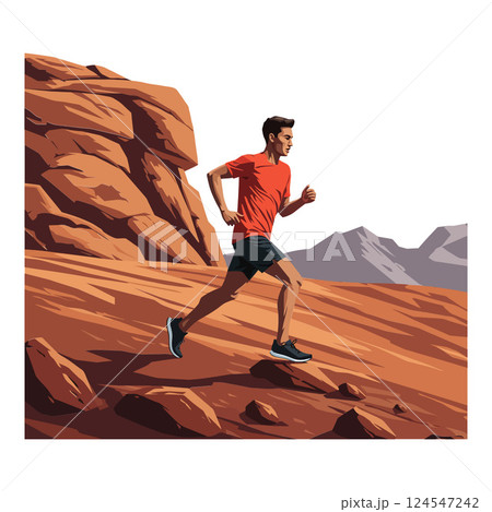 Athletic man running on a rocky terrain under a bright sky in flat vector illustration Athletic man running on a rocky terrain under a bright sky in flat vector illustration 124547242