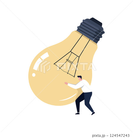 A man pushing a large light bulb in a minimal design style vector illustration 124547243