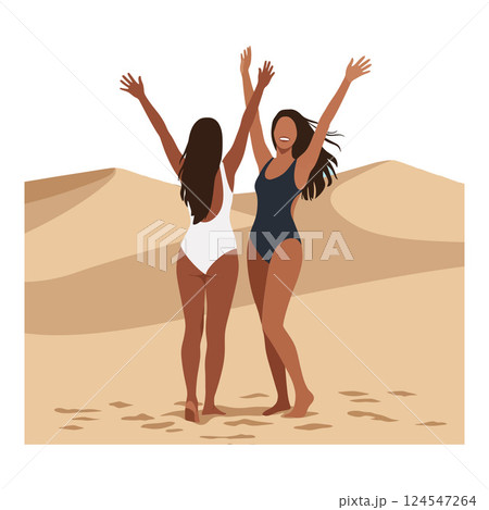 Two women joyfully celebrating in swimsuits against a sandy desert backdrop, minimal vector illustration Two women joyfully celebrating in swimsuits against a sandy desert backdrop, minimal vector illustration 124547264