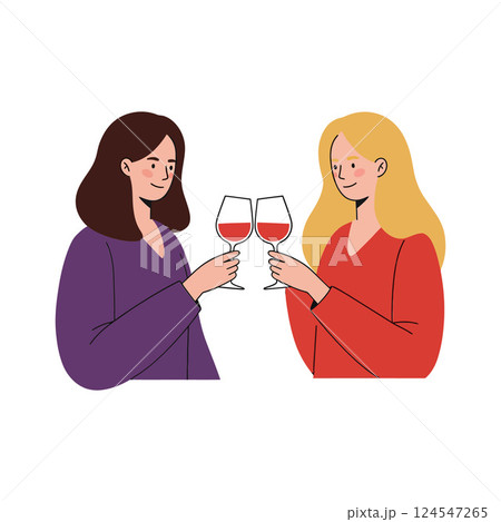 Two women toasting with red wine glasses in a cheerful flat vector illustration Two women toasting with red wine glasses in a cheerful flat vector illustration 124547265
