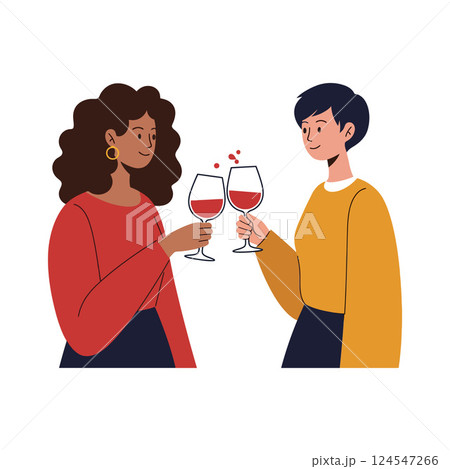 Two women celebrating with clinking wine glasses in a flat style vector illustration 124547266