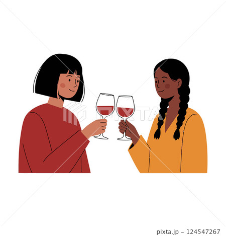 Two women toasting with glasses of red wine in a minimal, cheerful setting, vector illustration Two women toasting with glasses of red wine in a minimal, cheerful setting, vector illustration 124547267