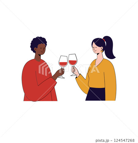 Two friends clinking wine glasses in a cheerful celebration flat vector illustration 124547268