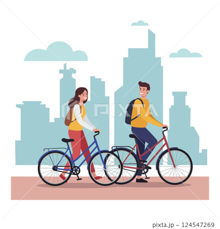 Two cyclists enjoying a sunny day in a vibrant cityscape, flat vector illustration Two cyclists enjoying a sunny day in a vibrant cityscape, flat vector illustration 124547269