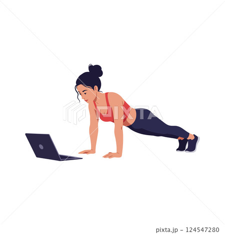 Woman doing push-ups in activewear while focused on a laptop screen in flat vector illustration 124547280