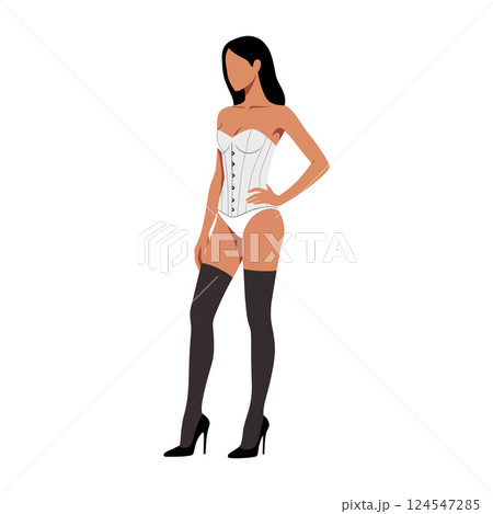 Elegant woman in stylish corset and thigh-high stockings, showcasing confidence in a minimal flat design vector illustration 124547285