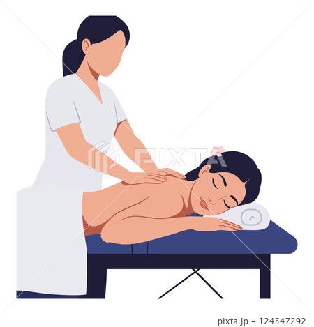 Massage therapist gently working on a clients back in a serene flat vector illustration 124547292