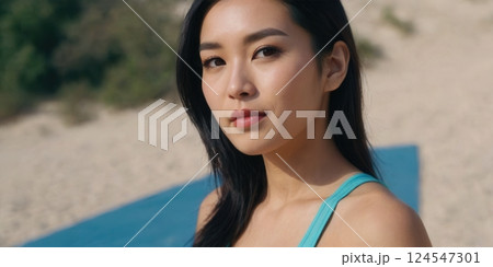 Athletic young woman in sportswear posing confidently in various outdoor and studio settings 124547301