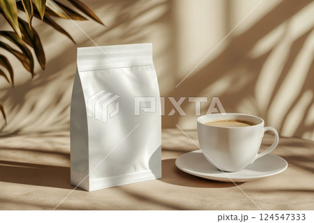 Minimalist Coffee Bag Mockup with Blank Design and Coffee Cup on Beige Background 124547333