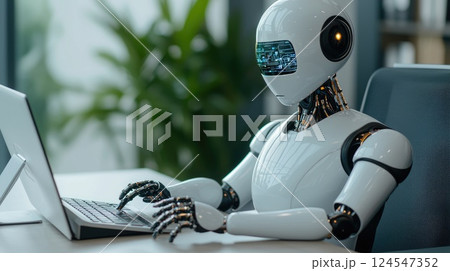 A futuristic robot sitting at a desk in a sleek office, demonstrating AI integration in everyday business tasks A futuristic robot sitting at a desk in a sleek office, demonstrating AI integration in everyday business tasks 124547352