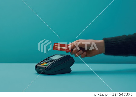 Hand Holding Credit Card Near Payment Machine on Aqua Background During Photoshoot Session Hand Holding Credit Card Near Payment Machine on Aqua Background During Photoshoot Session 124547370