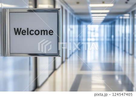 Modern Office Lobby Close-Up with Welcome Sign in a Bright Environment Modern Office Lobby Close-Up with Welcome Sign in a Bright Environment 124547405