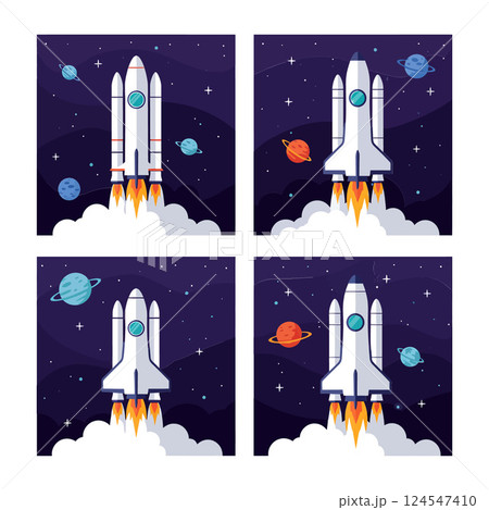 Rocket launching into space with colorful planets in a flat vector illustration 124547410