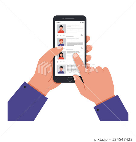 Hands holding a smartphone displaying profile listings in a flat design vector illustration Hands holding a smartphone displaying profile listings in a flat design vector illustration 124547422