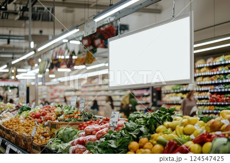 an empty white banner hangs above the produce section, Fresh Deals Promotion in Bright Supermarket an empty white banner hangs above the produce section, Fresh Deals Promotion in Bright Supermarket 124547425